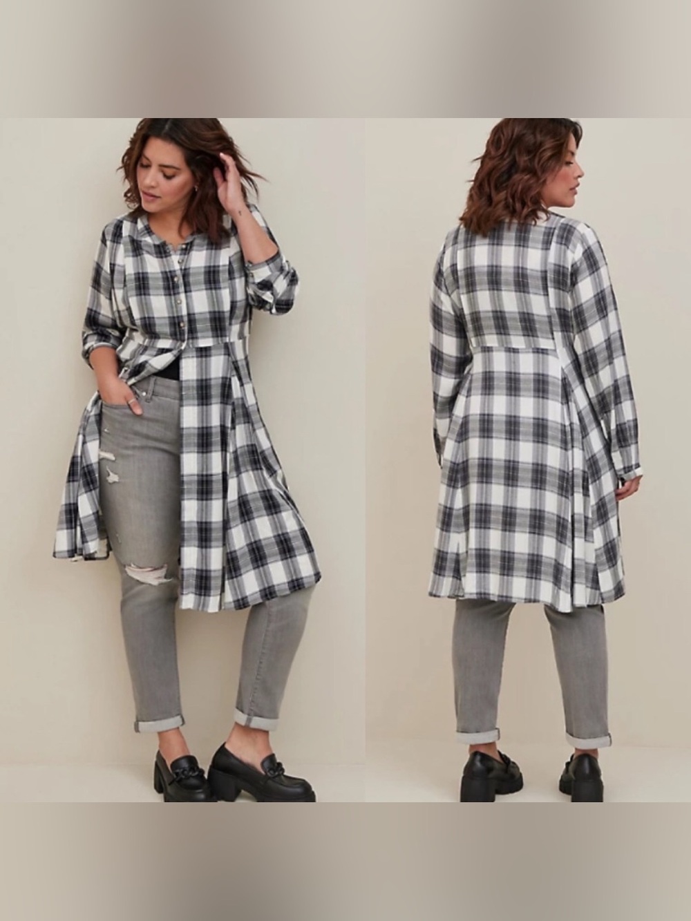 Torrid Black and White Plaid Longline Shirt Button Up Top Size 1 1X
